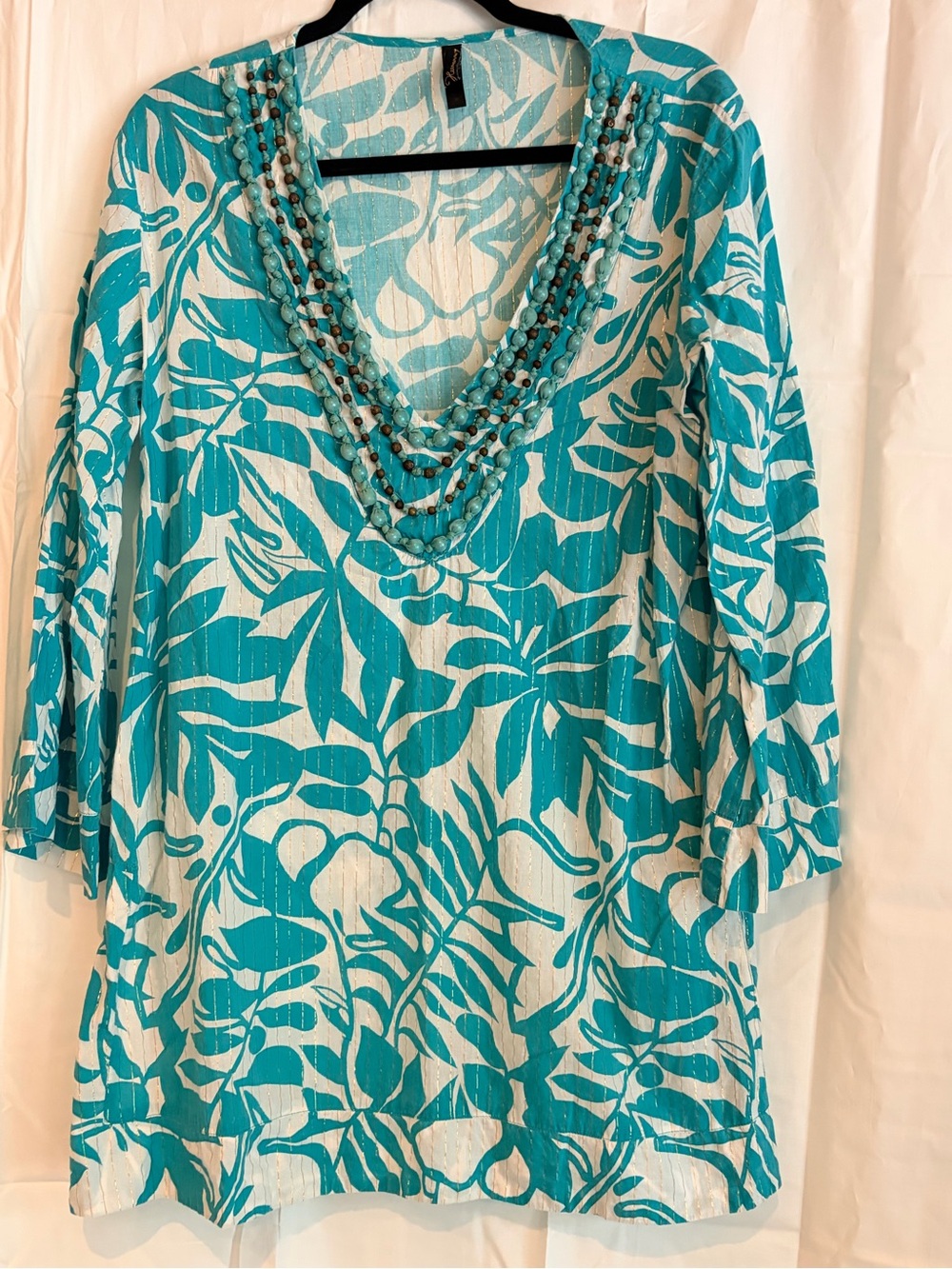 Leaf-Print V-Neck Long Sleeve swim cover up with Beaded Neckline - Turquoise